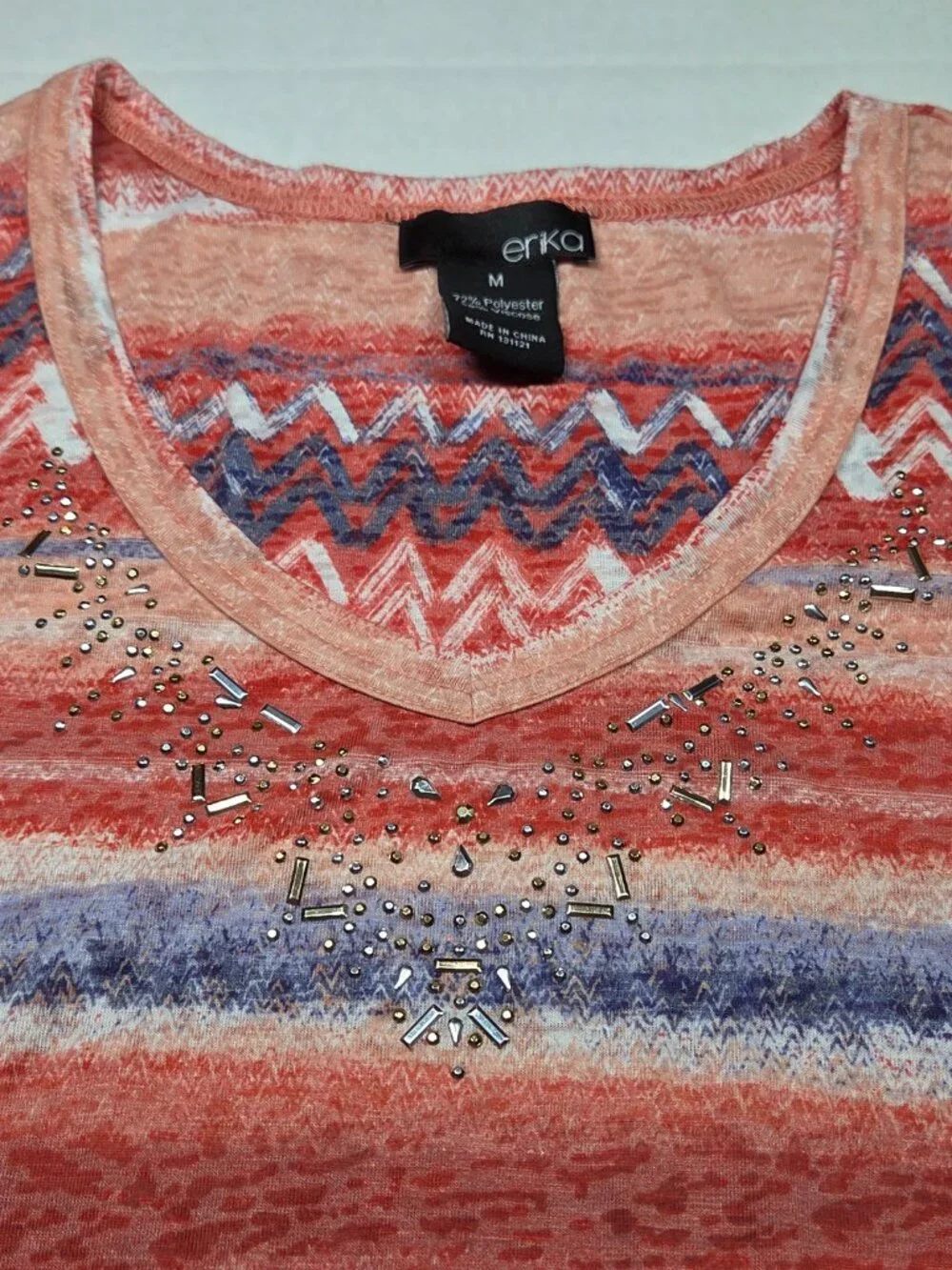 Erika‎ Striped Knit Top Orange Blue White Rhinestone V-Neck Short Sleeve Medium